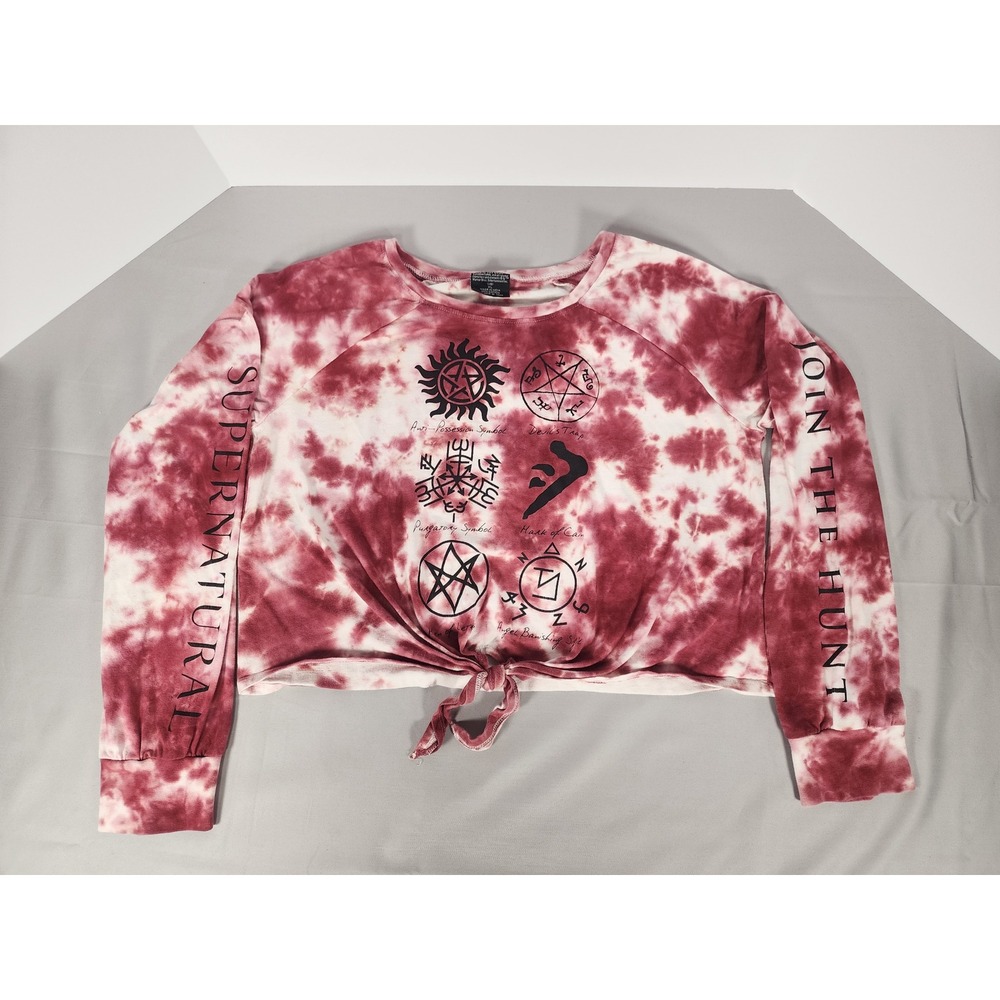 Supernatural Join The Hunt Tie Dye Crop Top Long Sleeve‎ Shirt Burgundy XL